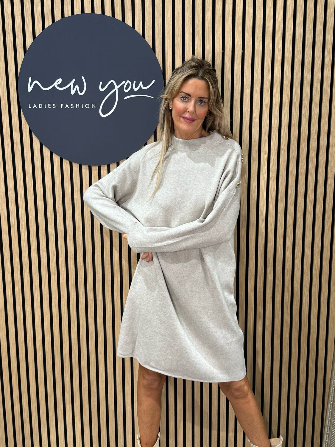 Button Detail Knit Dress - Oatmeal