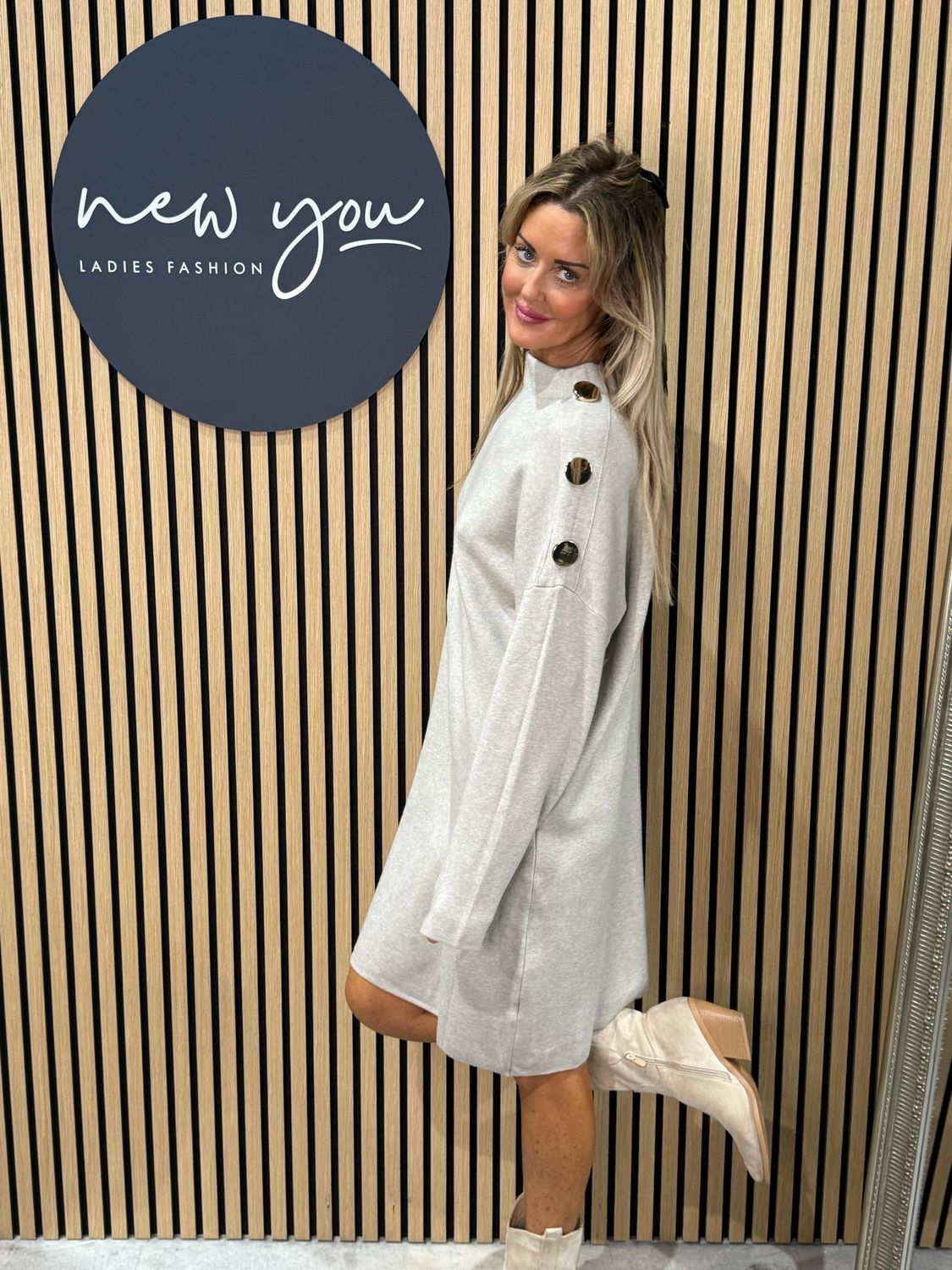 Button Detail Knit Dress - Oatmeal