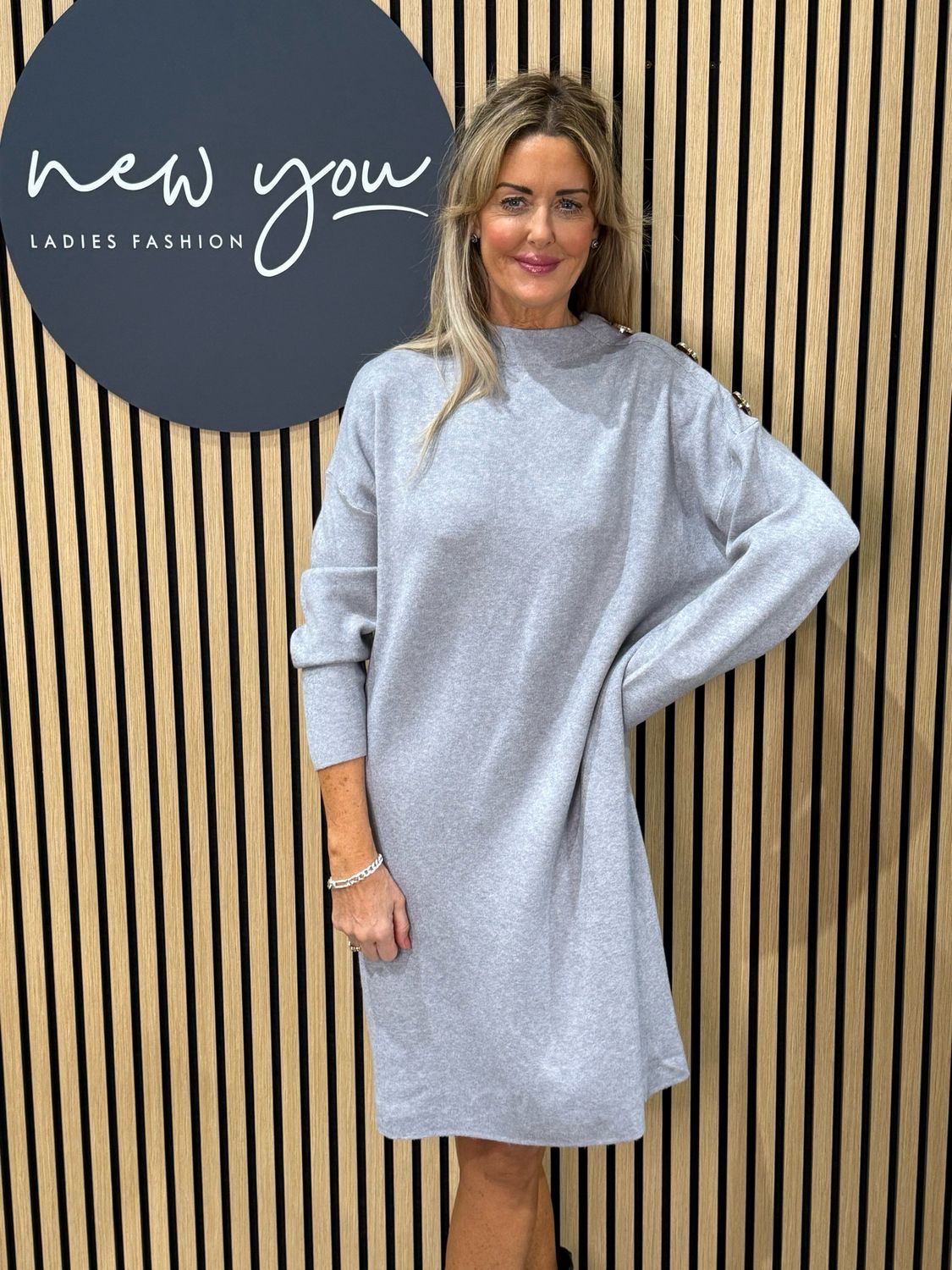 Button Detail Knit Dress - Grey