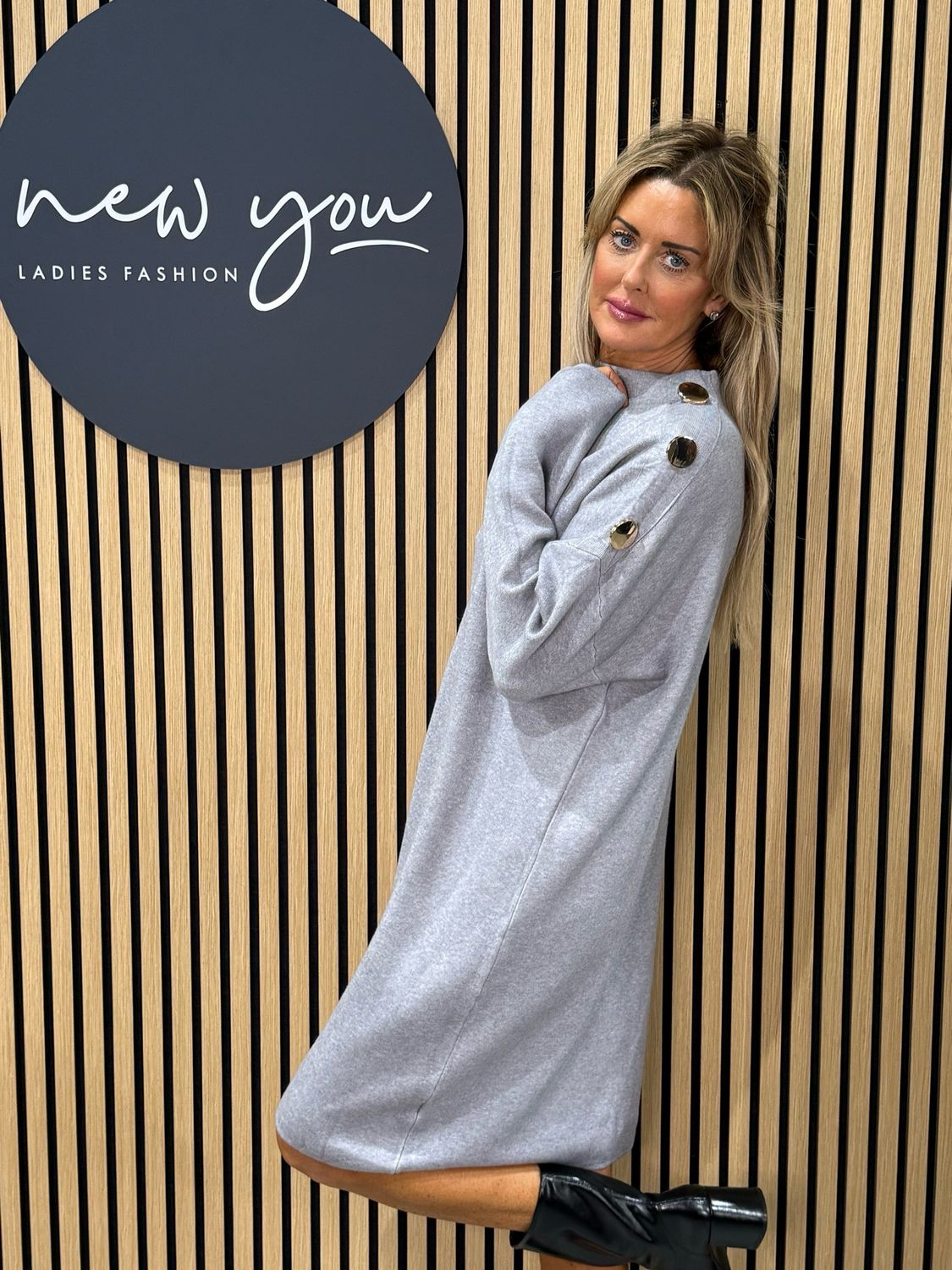 Button Detail Knit Dress - Grey