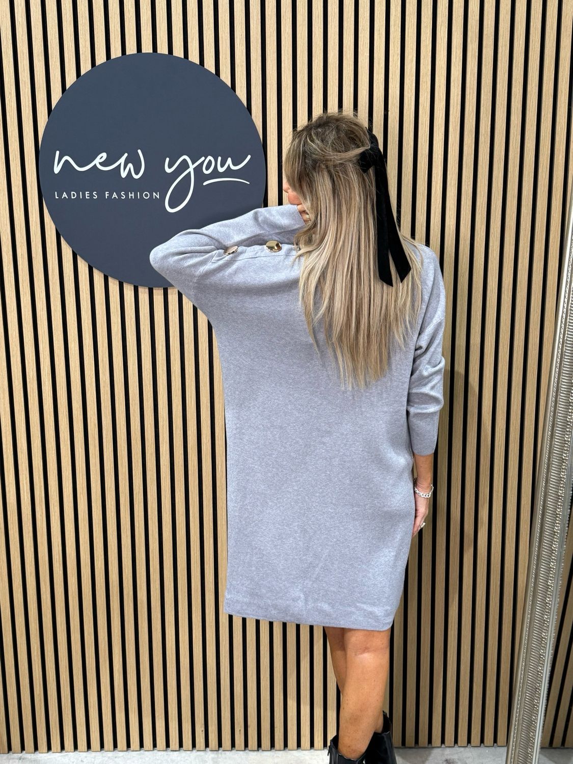 Button Detail Knit Dress - Grey
