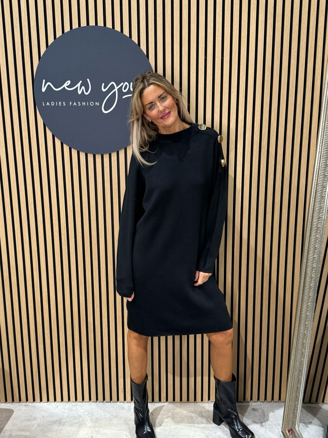 Button Detail Knit Dress - Black