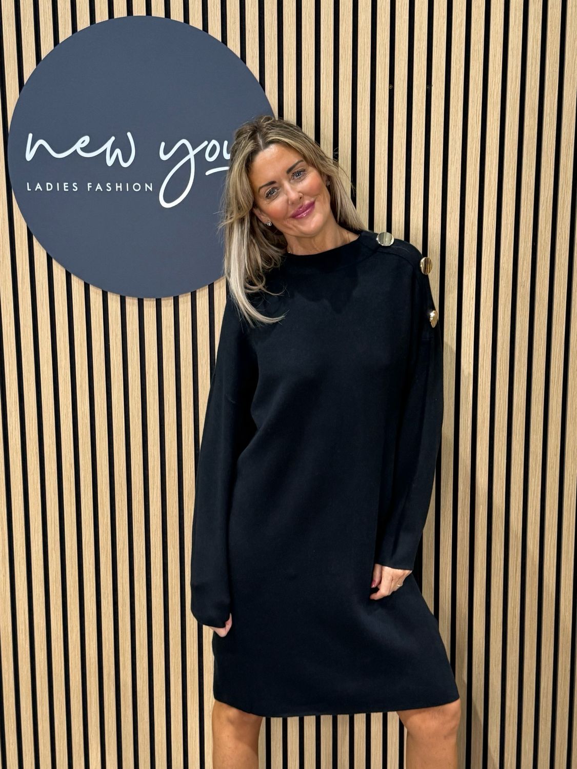 Button Detail Knit Dress - Black