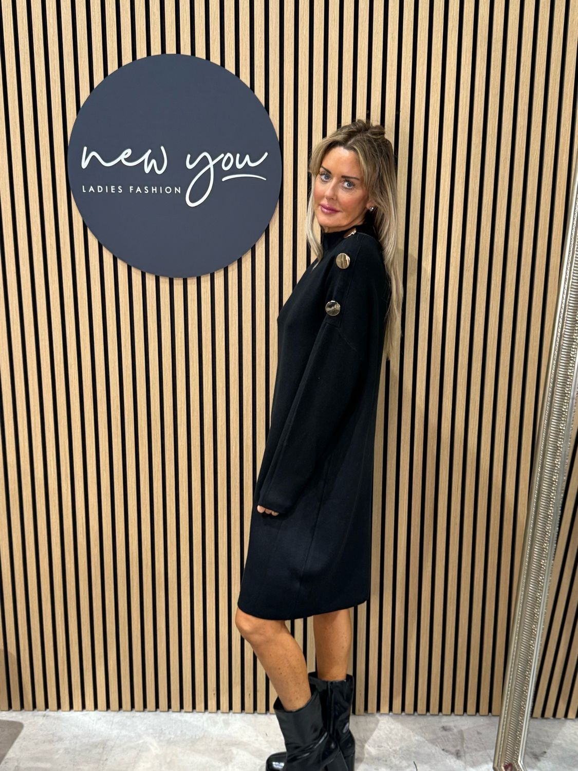 Button Detail Knit Dress - Black