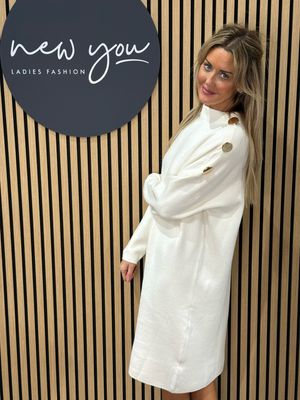 Button Detail Knit Dress - Cream
