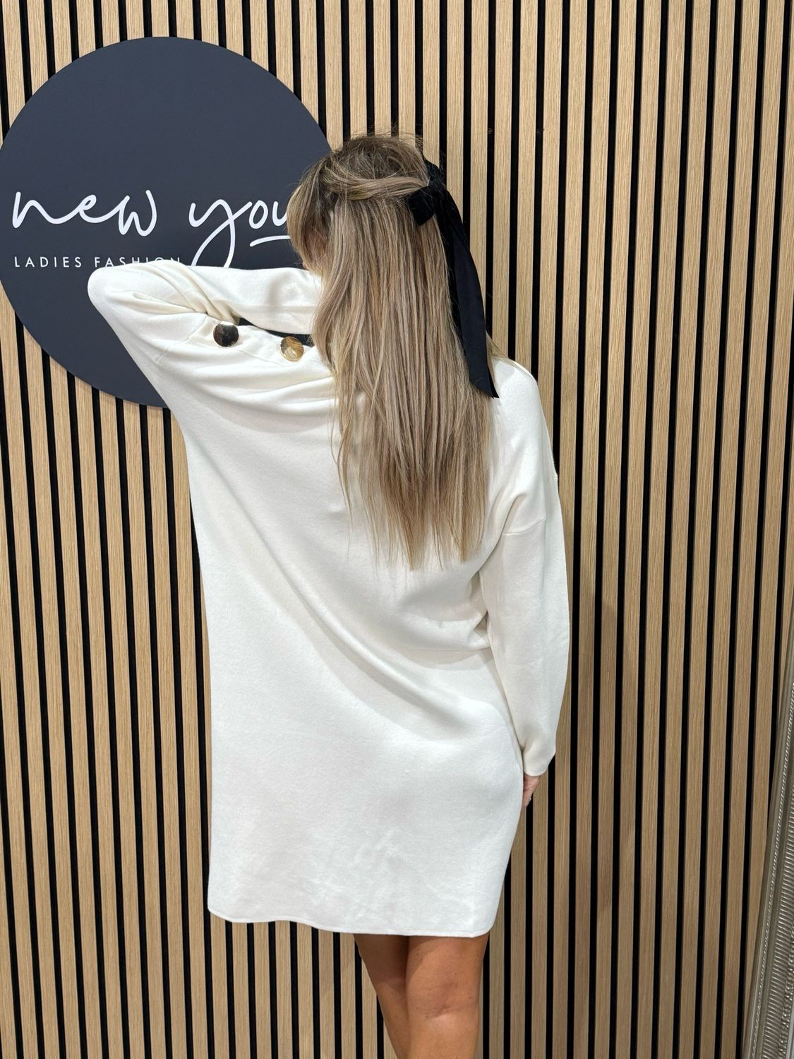 Button Detail Knit Dress - Cream