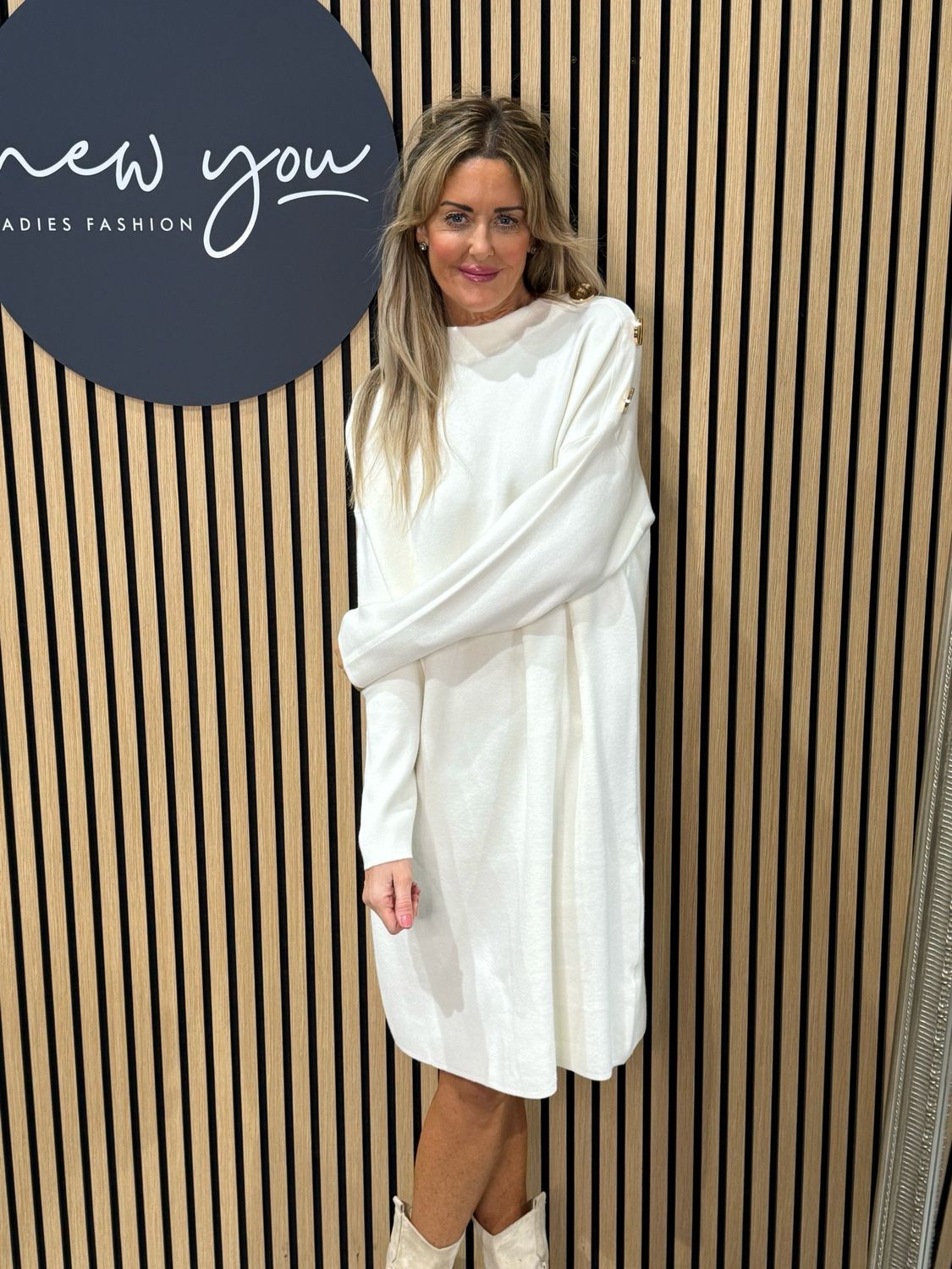 Button Detail Knit Dress - Cream