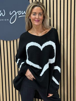 Heart Print Oversized Jumper - Black