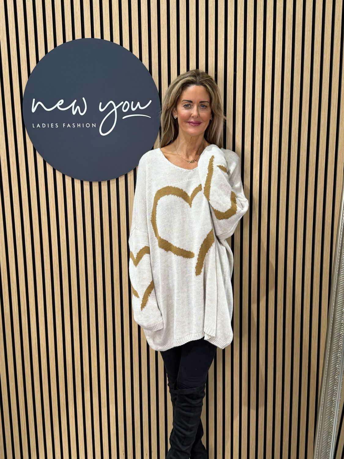 Heart Print Oversized Jumper - Cream