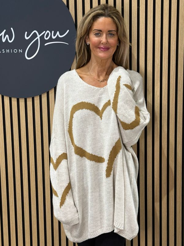 Heart Print Oversized Jumper - Cream