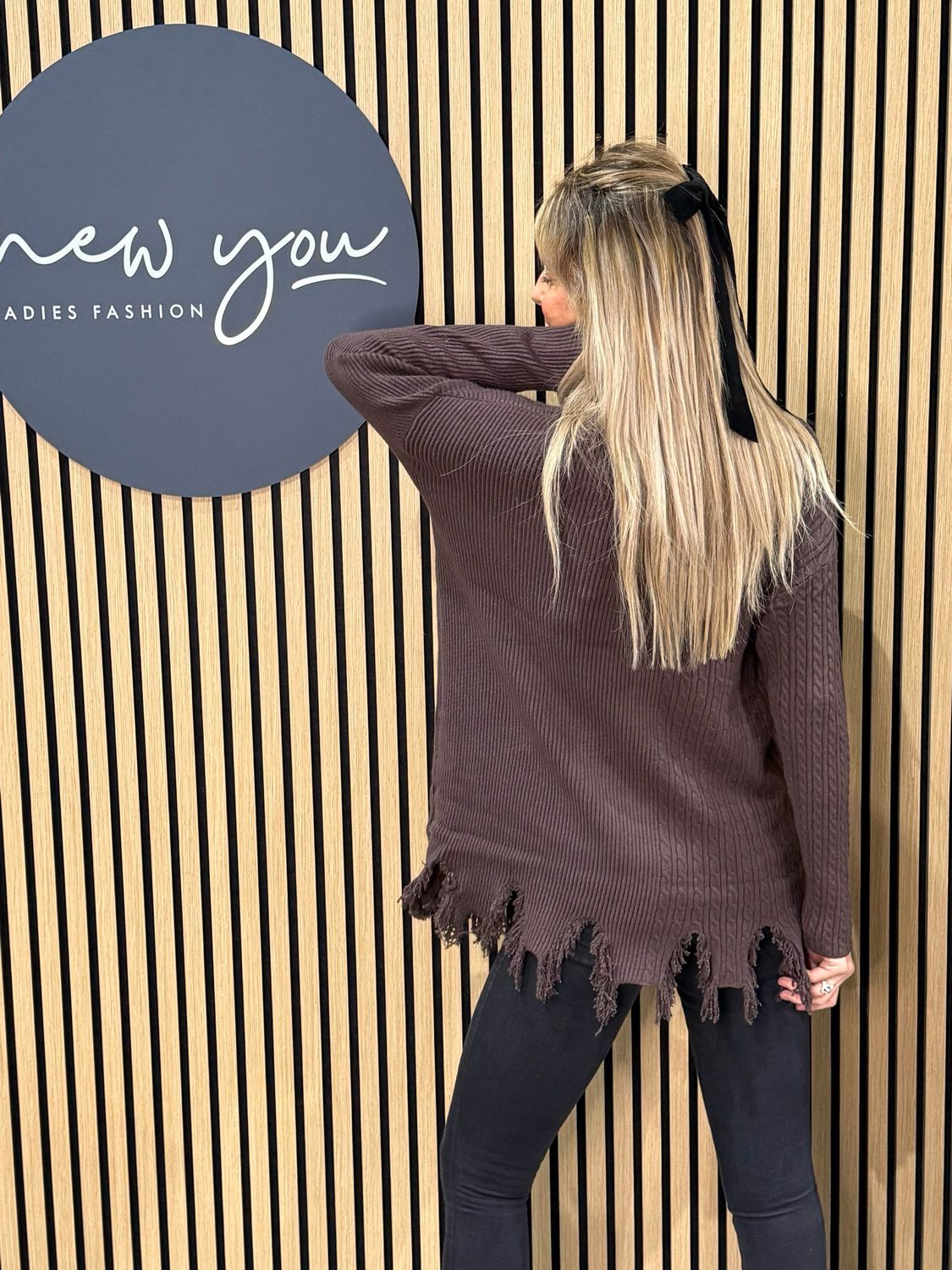 Distressed Hem Ribbed Jumper - Chocolate