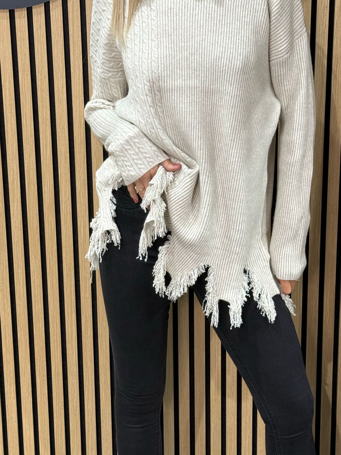 Distressed Hem Ribbed Jumper - Cream