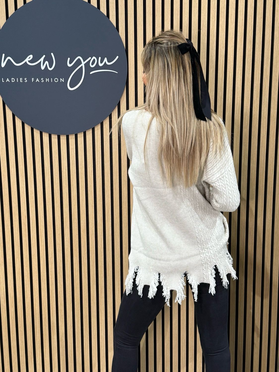 Distressed Hem Ribbed Jumper - Cream