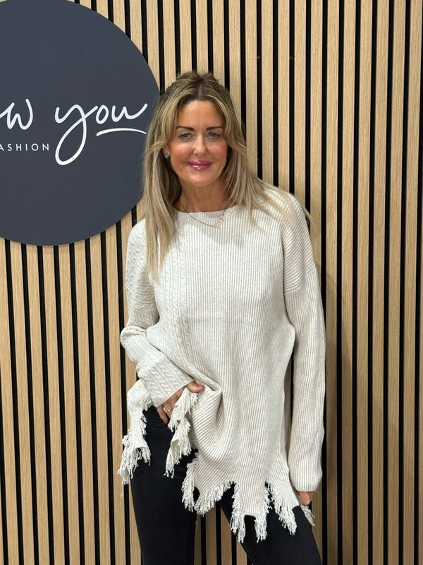 Distressed Hem Ribbed Jumper - Cream