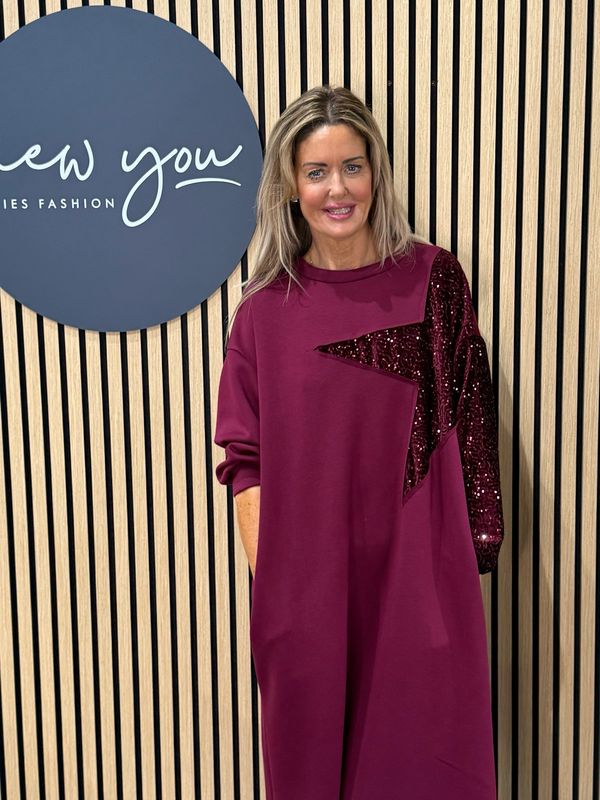 Oversized Sequin Star Dress - Burgundy