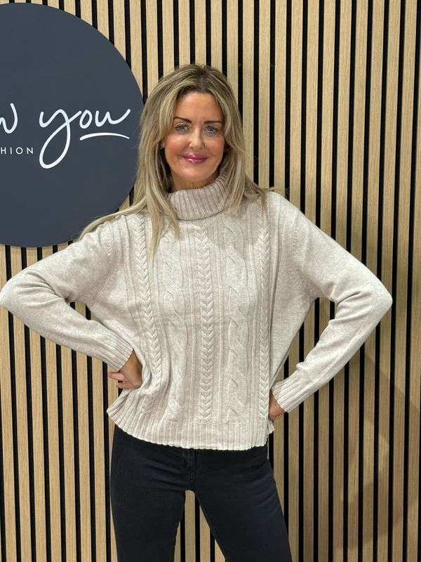 Cable Knit Roll Neck Jumper - Oatmeal