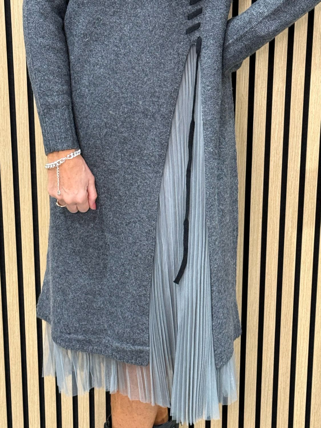 Layered Knit &amp; Pleated Dress - Grey