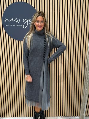 Layered Knit &amp; Pleated Dress - Grey