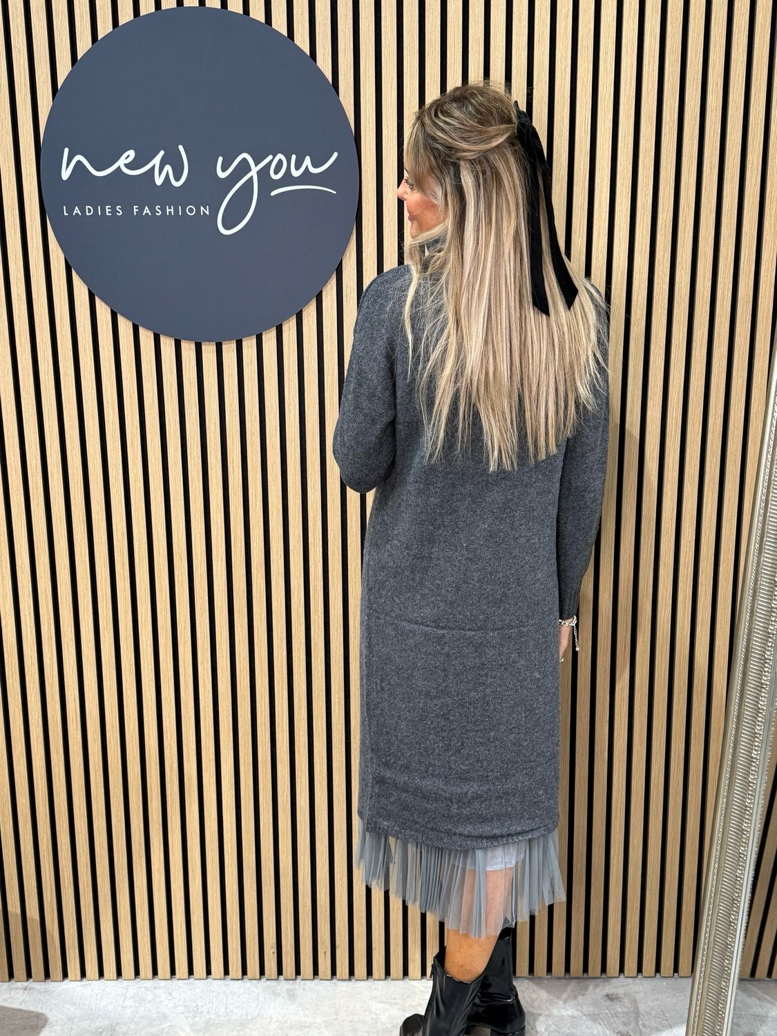 Layered Knit &amp; Pleated Dress - Grey