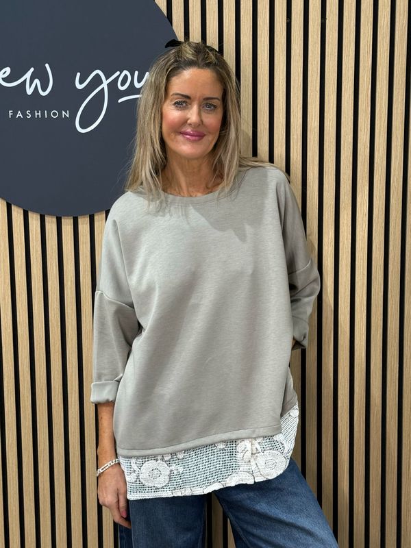 Lace Hem Jumper - Taupe