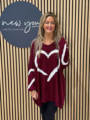 Heart Print Oversized Jumper - Burgundy
