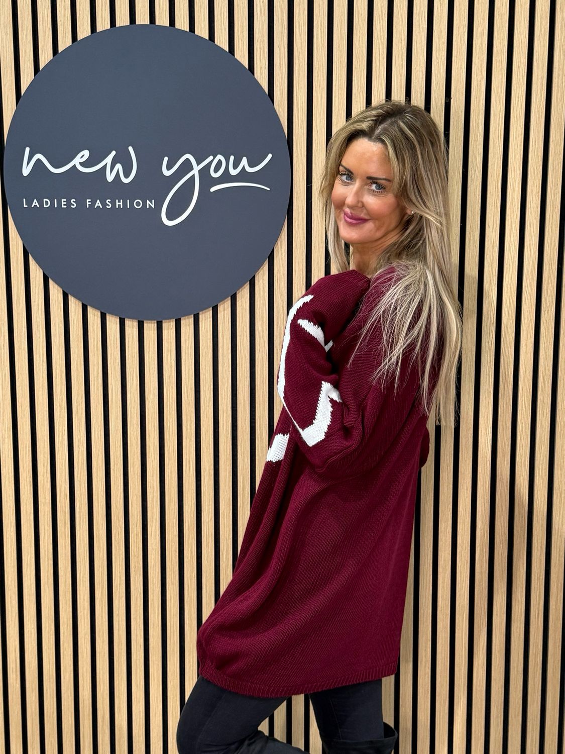 Heart Print Oversized Jumper - Burgundy