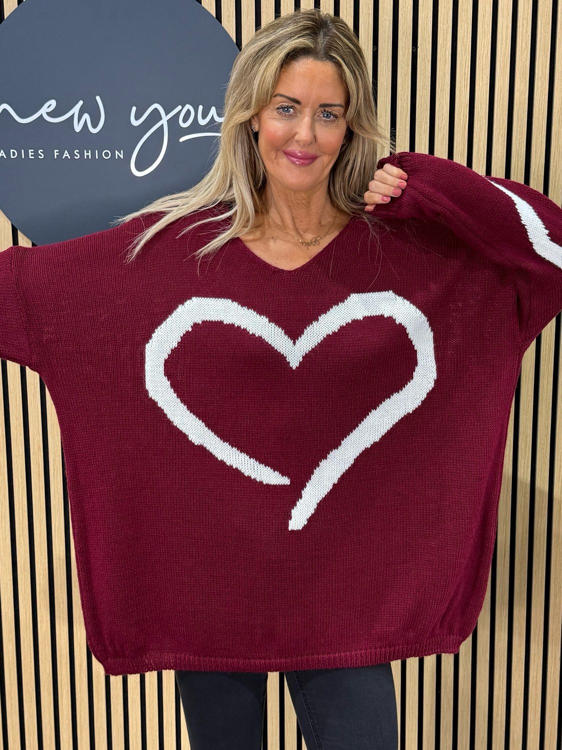 Heart Print Oversized Jumper - Burgundy