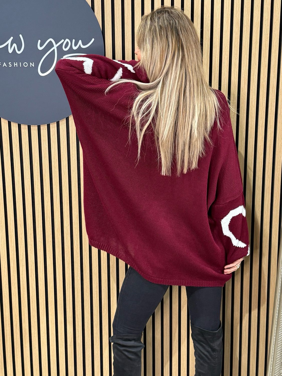 Heart Print Oversized Jumper - Burgundy