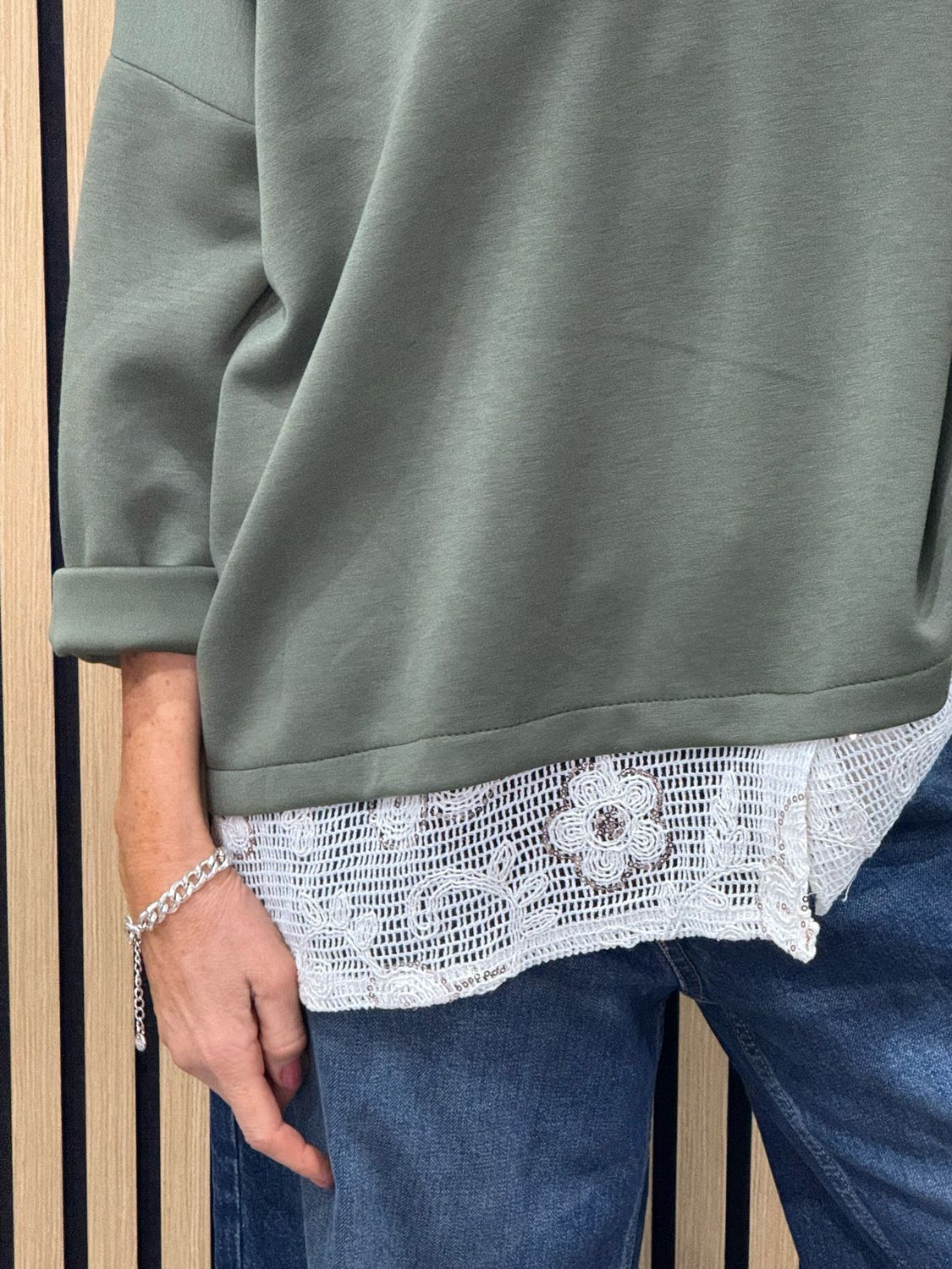 Lace Hem Jumper - Khaki