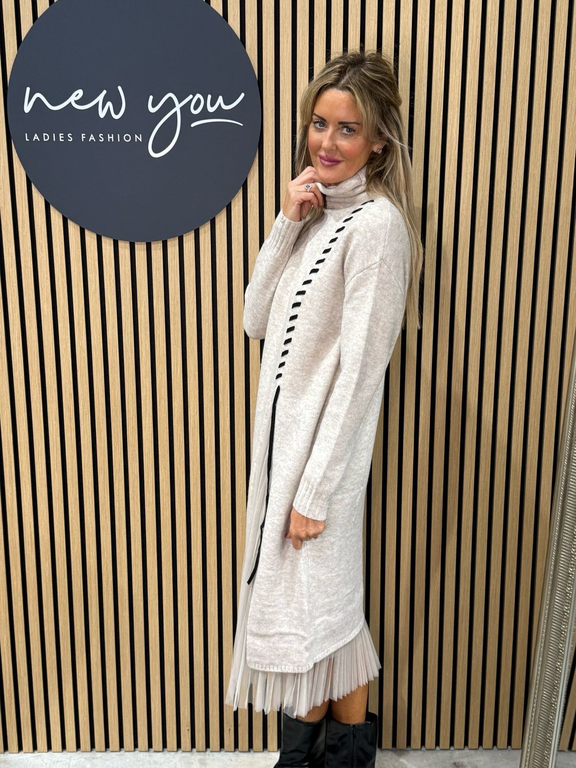 Layered Knit &amp; Pleated Dress - Oatmeal