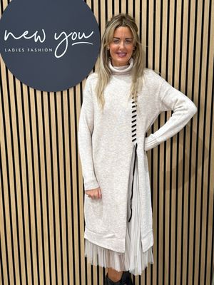 Layered Knit &amp; Pleated Dress - Oatmeal