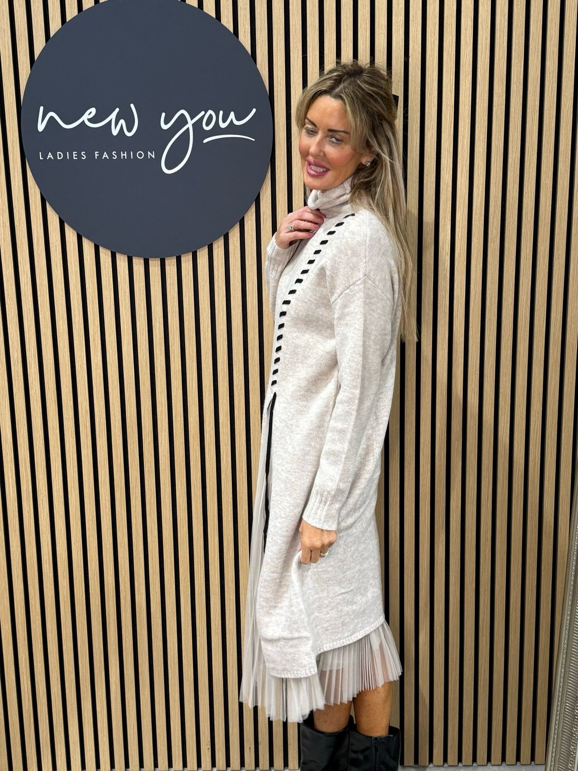 Layered Knit &amp; Pleated Dress - Oatmeal