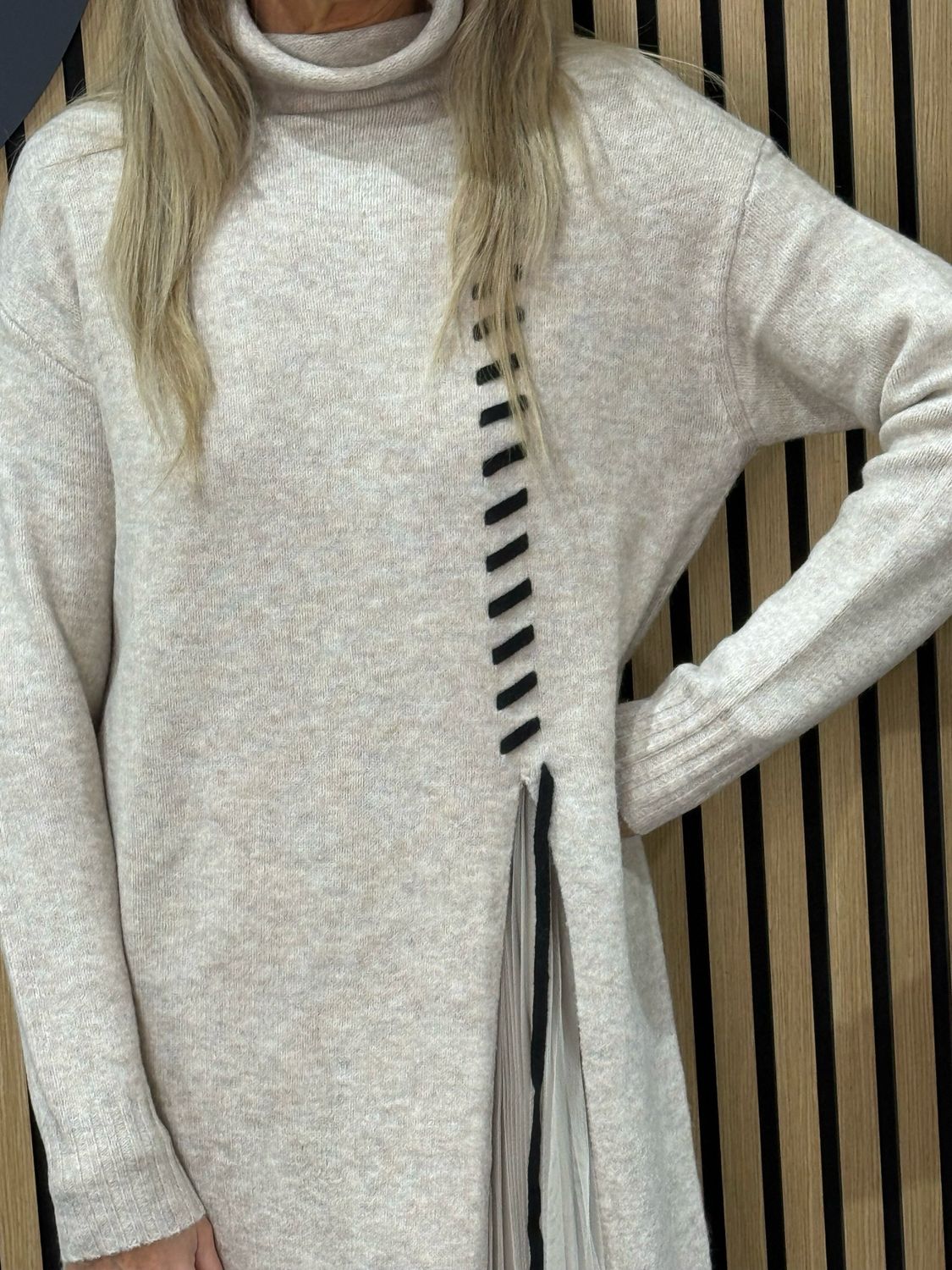 Layered Knit &amp; Pleated Dress - Oatmeal