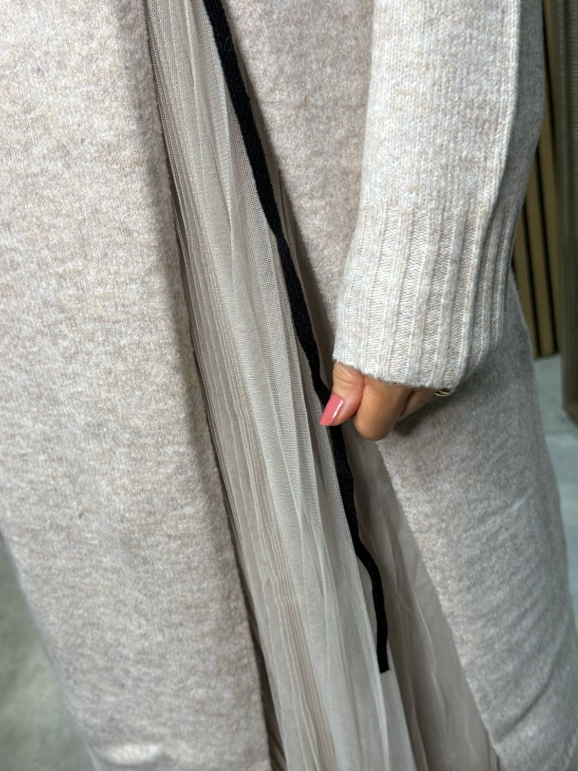 Layered Knit &amp; Pleated Dress - Oatmeal