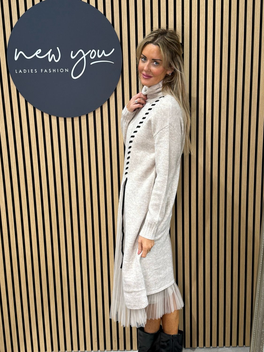 Layered Knit &amp; Pleated Dress - Oatmeal