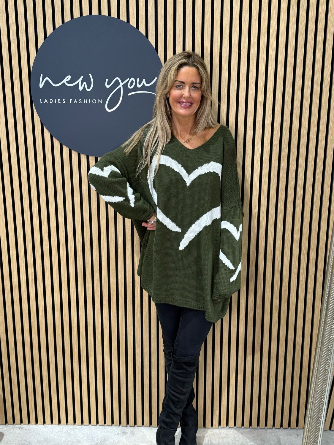 Heart Print Oversized Jumper - Khaki