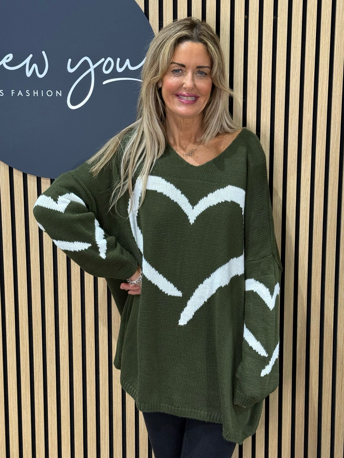 Heart Print Oversized Jumper - Khaki