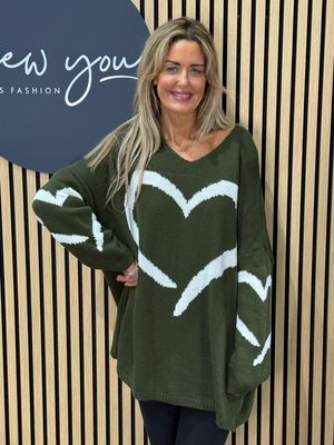 Heart Print Oversized Jumper - Khaki