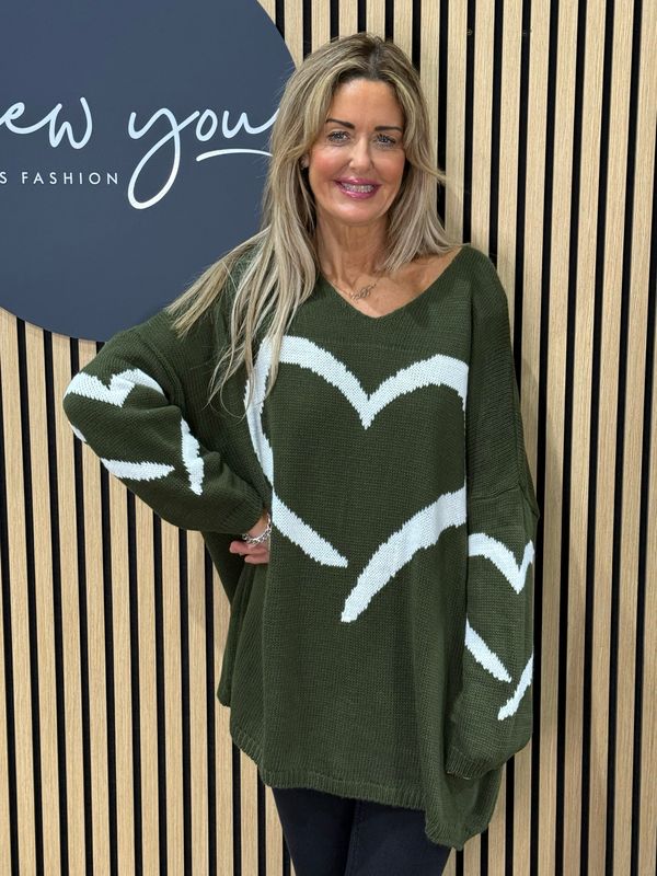 Heart Print Oversized Jumper - Khaki