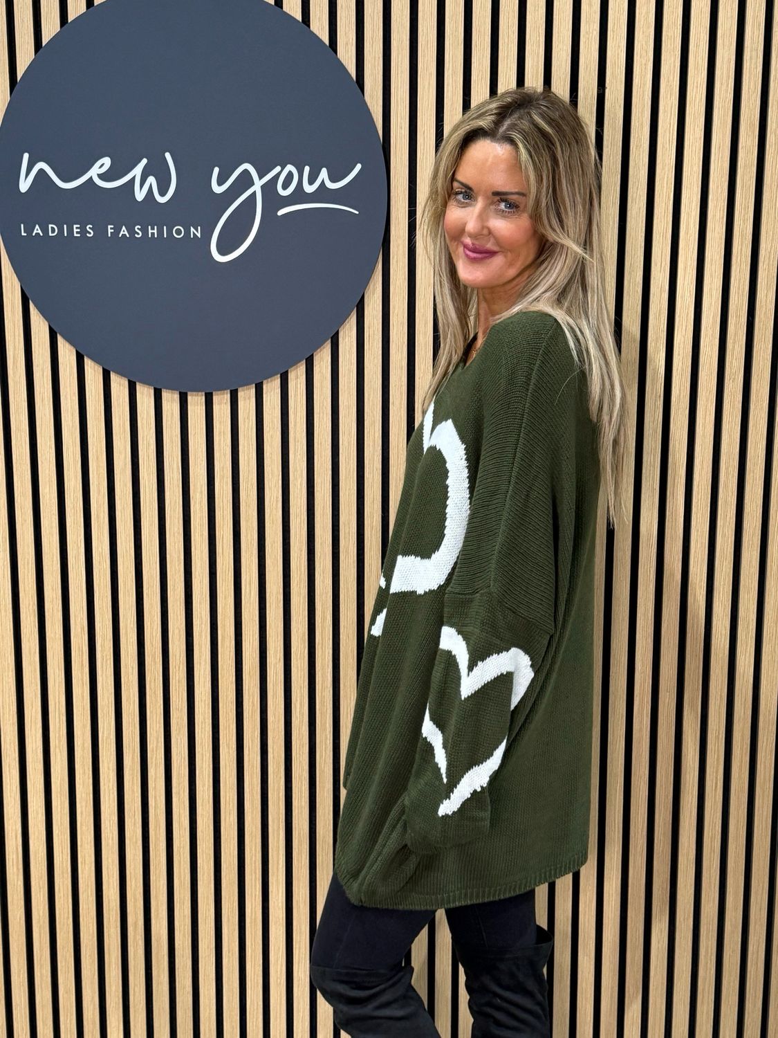 Heart Print Oversized Jumper - Khaki