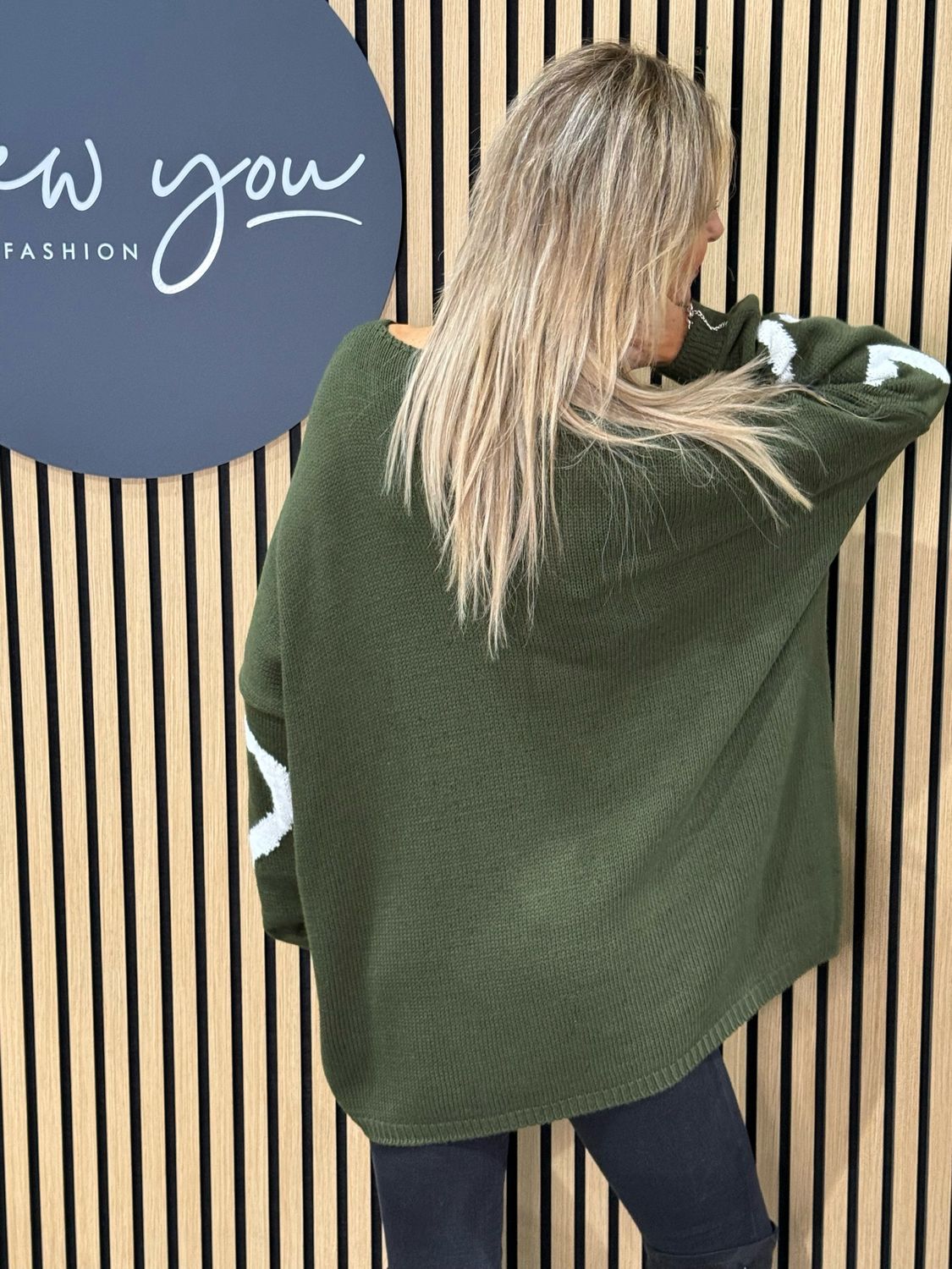 Heart Print Oversized Jumper - Khaki