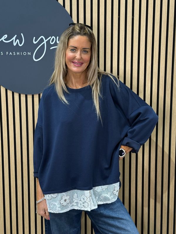Lace Hem Jumper - Navy