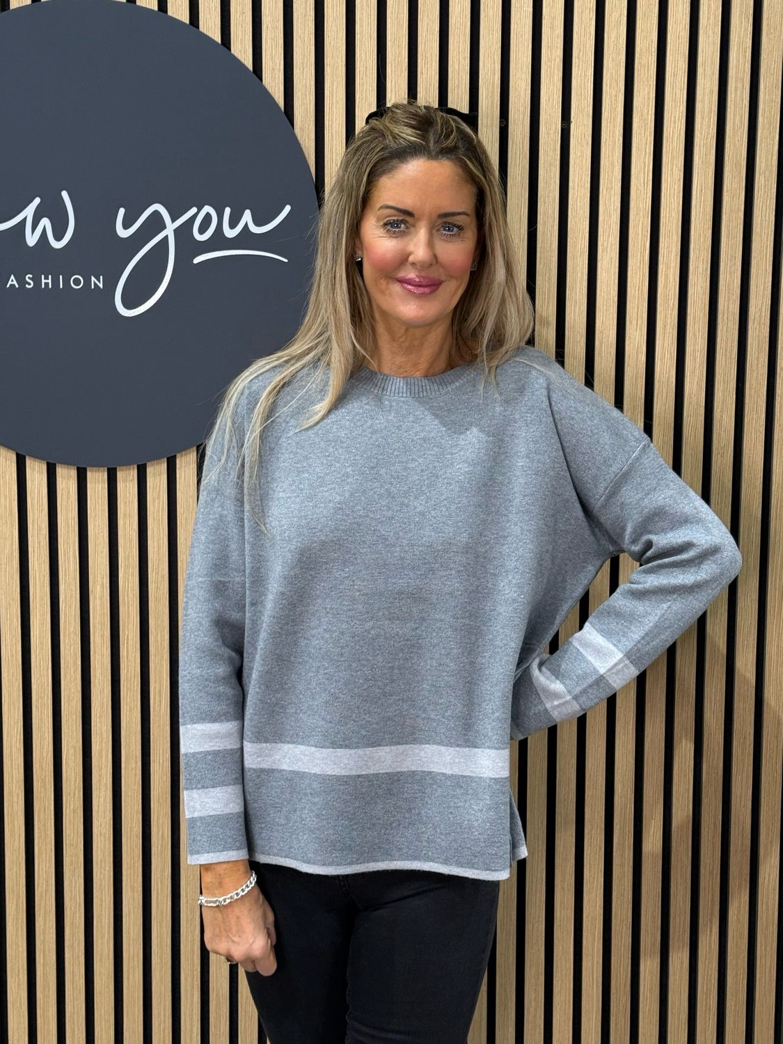 Contrast Stripe Knit Jumper - Grey