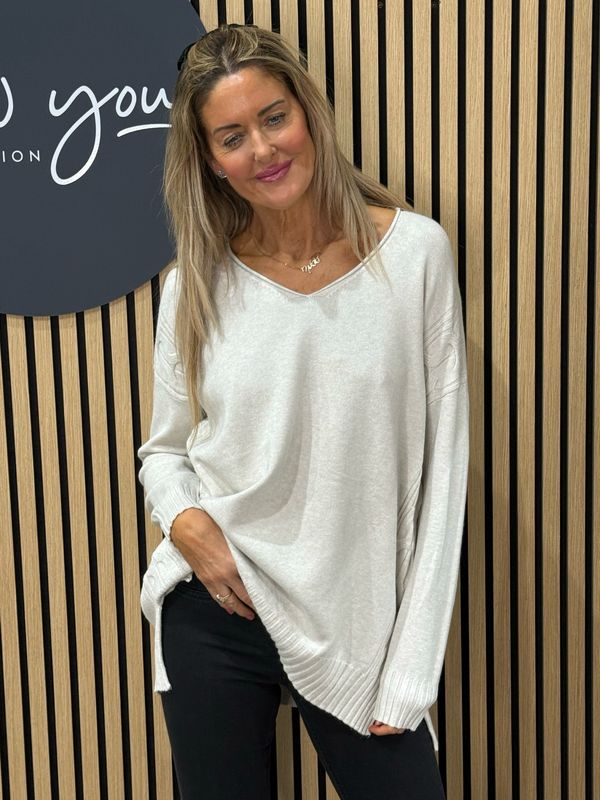 Cable Detail V-neck Jumper - Cream