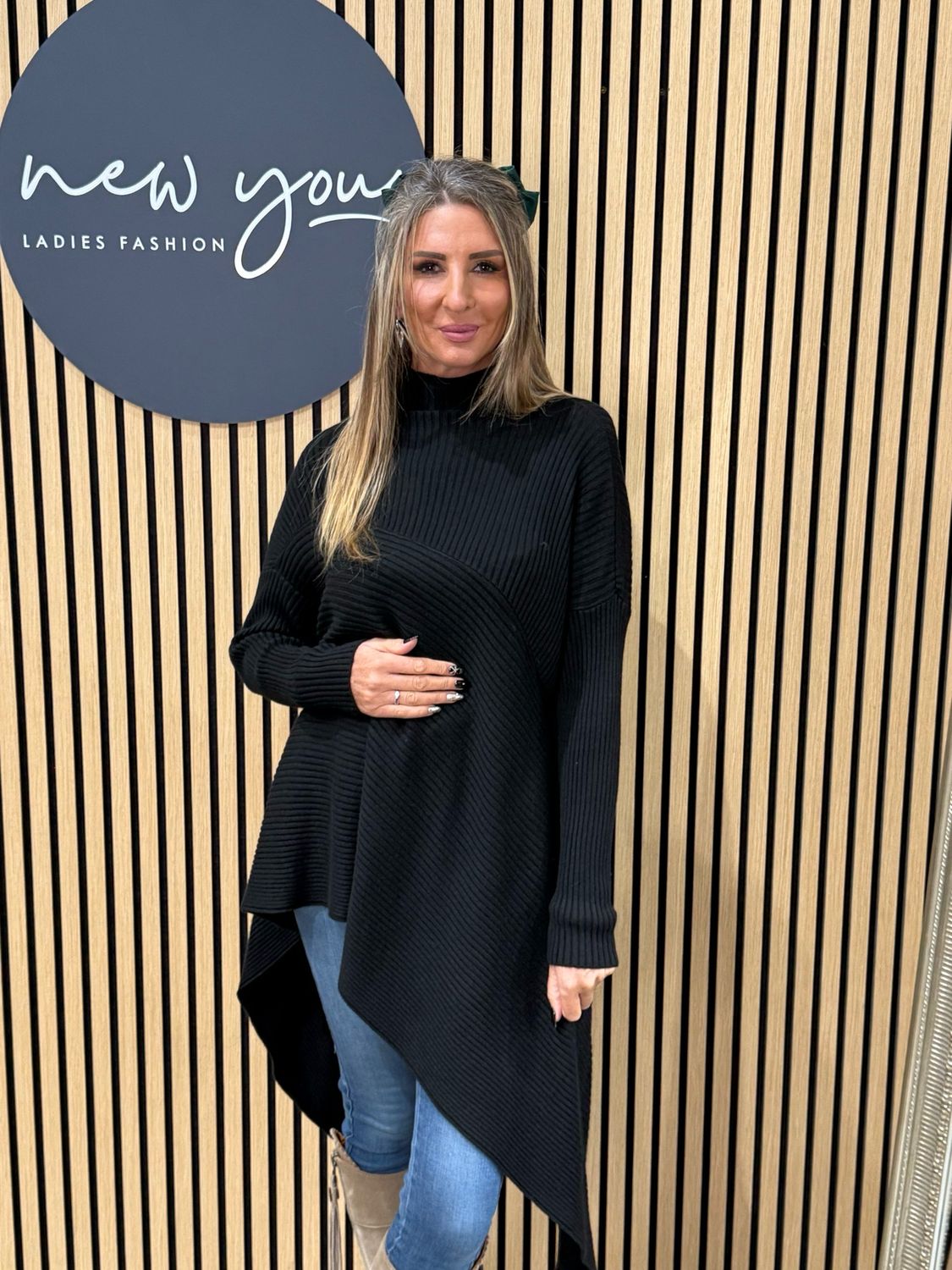 Waterfall Rib Knit Jumper - Black