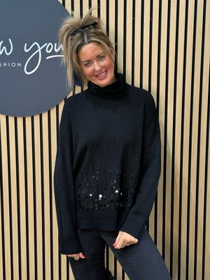 Sequin Detail Roll Neck Jumper - Black