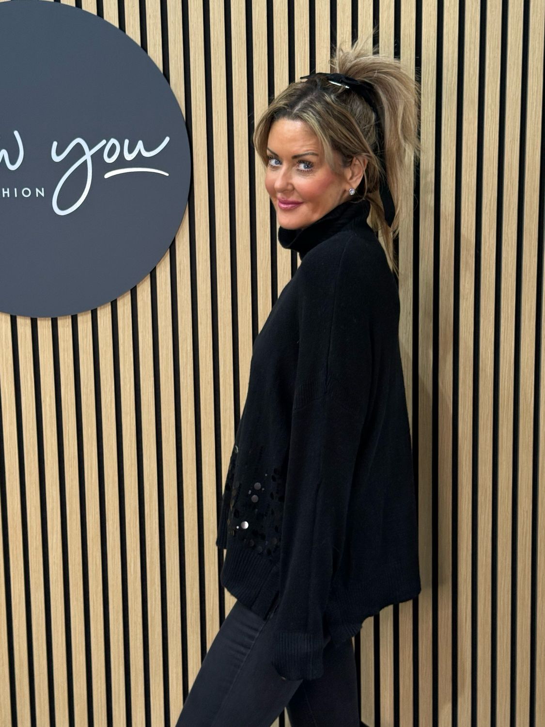 Sequin Detail Roll Neck Jumper - Black