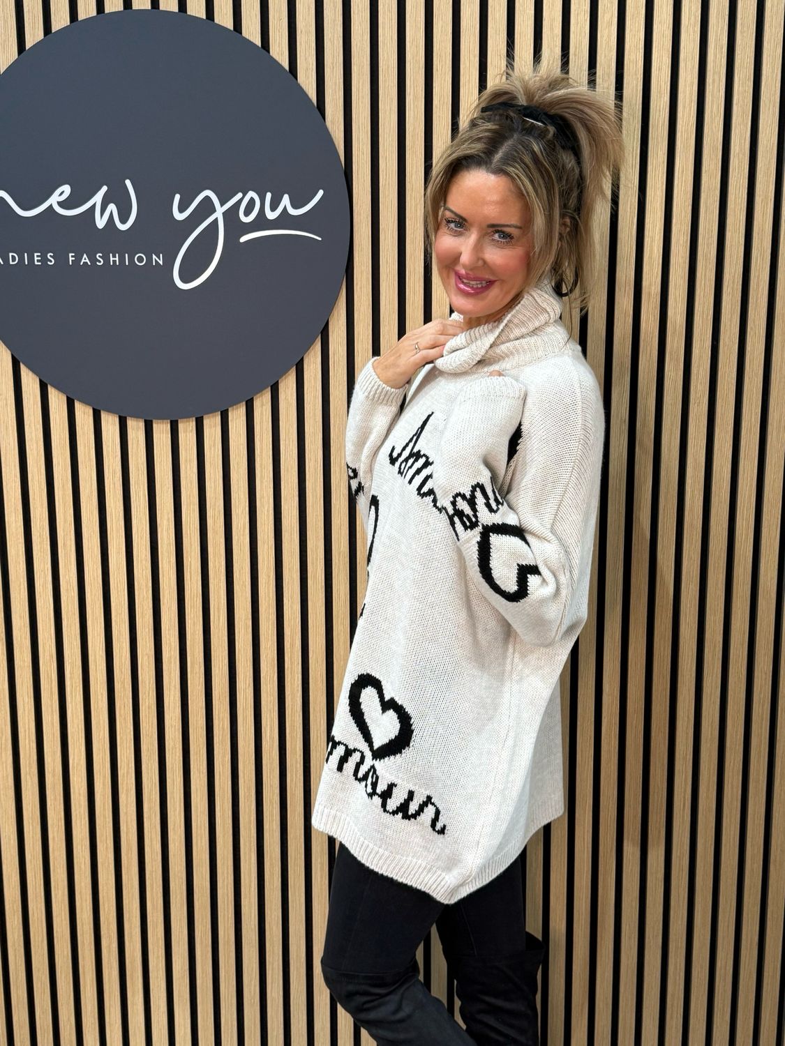 Amour Slogan Roll Neck Jumper - Cream