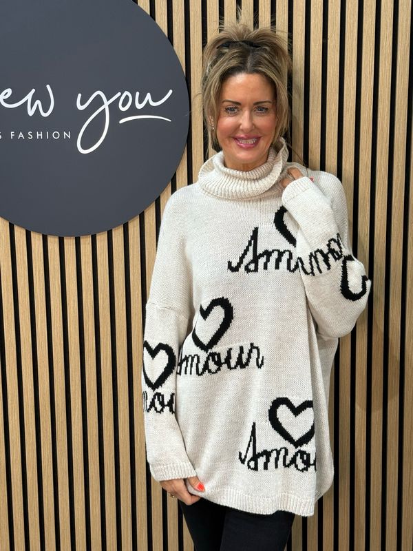 Amour Slogan Roll Neck Jumper - Cream
