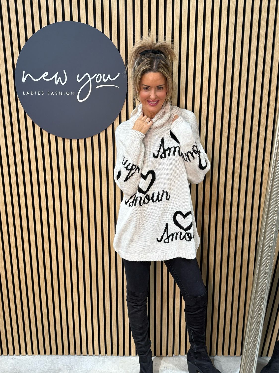 Amour Slogan Roll Neck Jumper - Cream